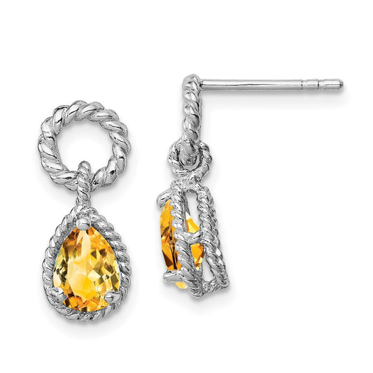 Sterling Silver Rhodium Citrine Pear Twisted Post Earrings