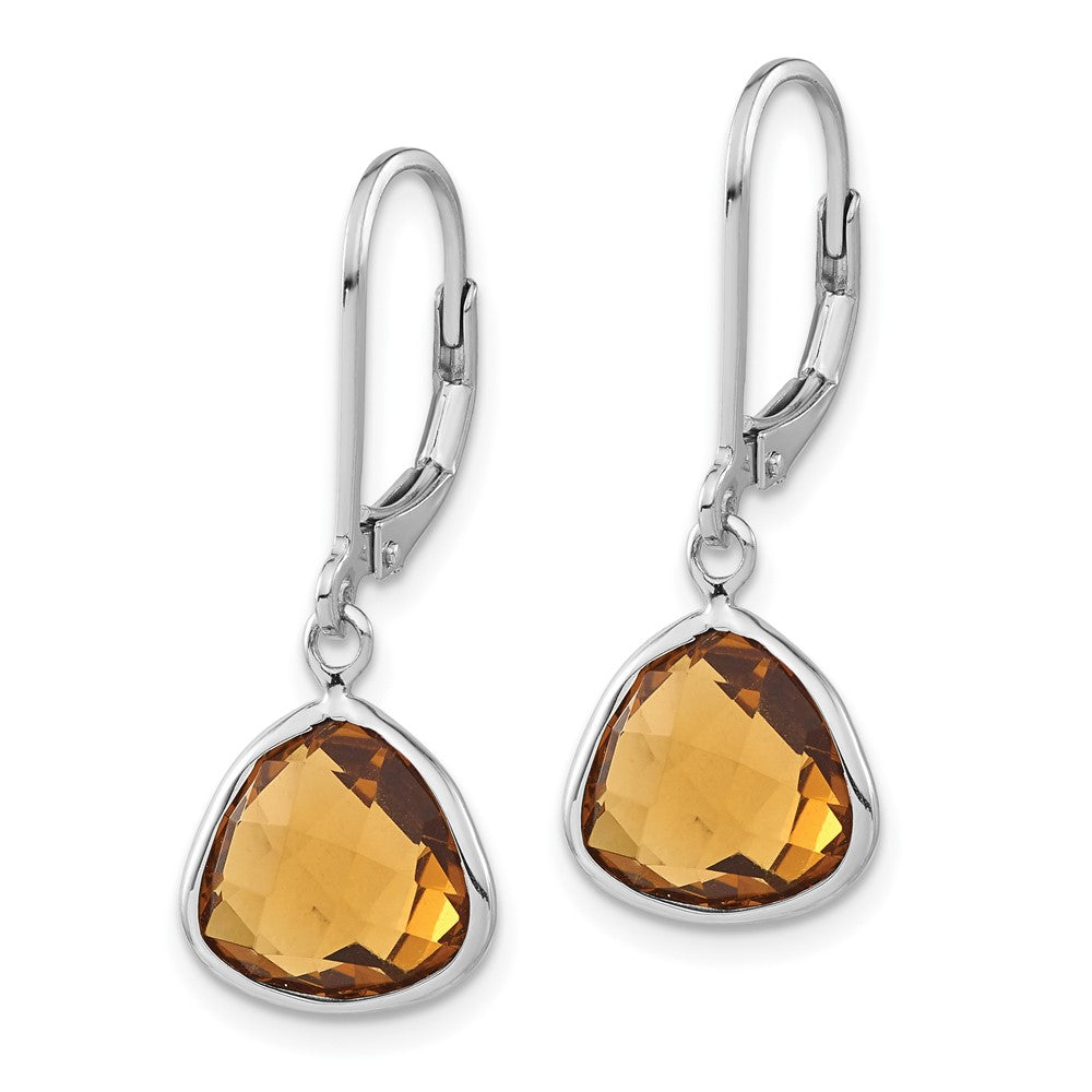 Sterling Silver Polished Trillion Whiskey Quartz Leverback Dangle Earrings