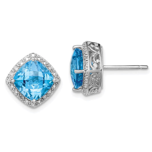 Sterling Silver Rhodium-plated Blue Topaz and Diamond Earrings