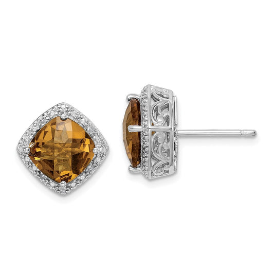 Sterling Silver Rhodium-plated Whiskey Quartz and Diamond Earrings