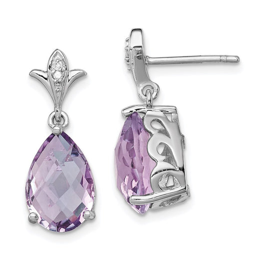 Sterling Silver Rhodium-plated Pink Quartz and Diamond Earrings