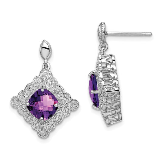 Sterling Silver Rhodium-plated Amethyst and Diamond Earrings