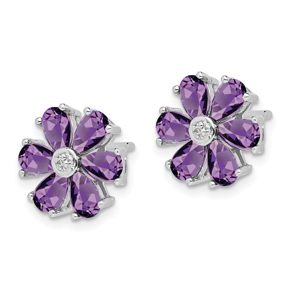 Sterling Silver Rhodium Plated Diamond and Amethyst Post Earrings