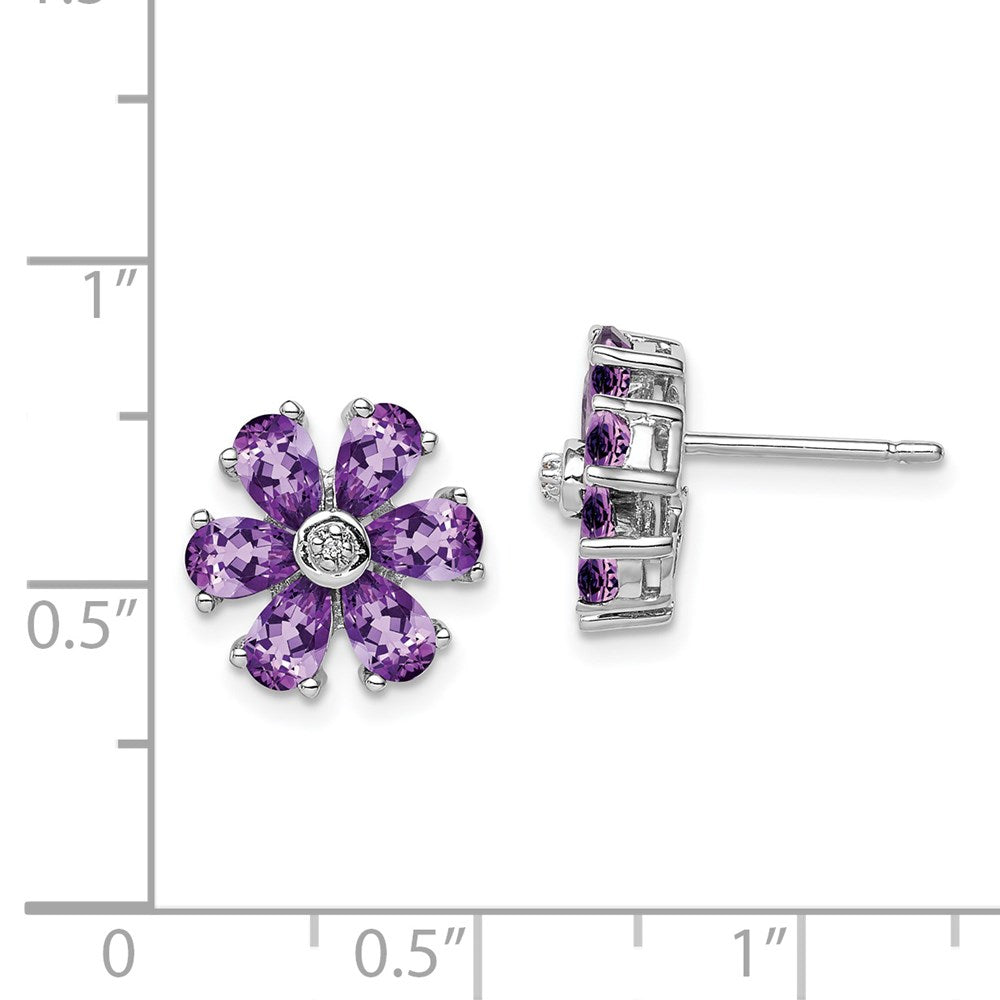 Sterling Silver Rhodium Plated Diamond and Amethyst Post Earrings