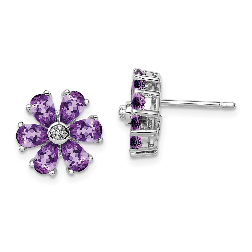 Sterling Silver Rhodium Plated Diamond and Amethyst Post Earrings