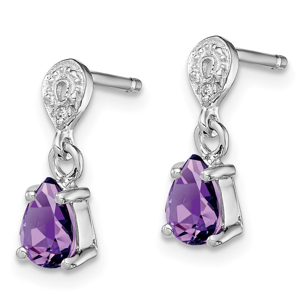 Sterling Silver Rhodium Plated Diamond and Amethyst Post Earrings