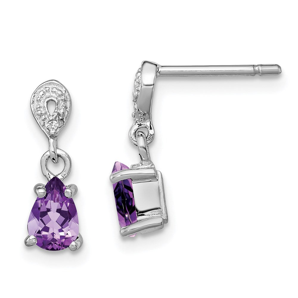 Sterling Silver Rhodium Plated Diamond and Amethyst Post Earrings