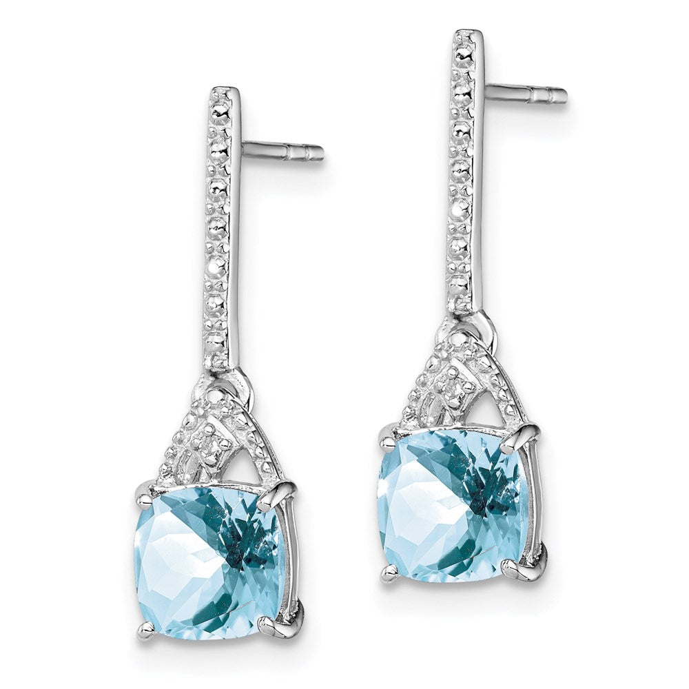 Sterling Silver Rhodium Plated Dia. Aquamarine Post Dangle Earrings