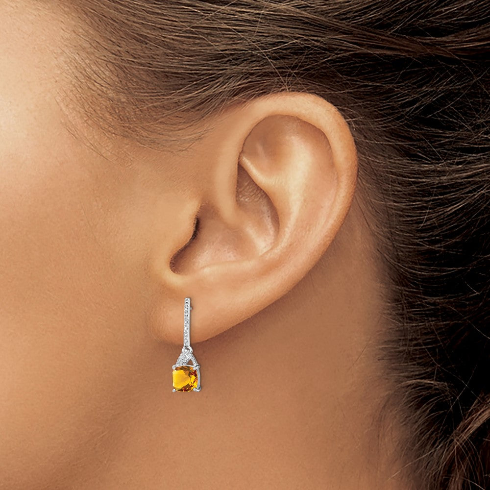 Sterling Silver Rhodium Plated Diamond and Citrine Post Earrings