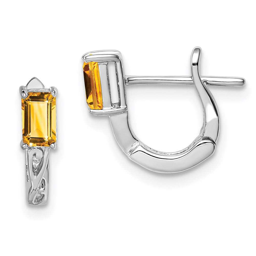 Sterling Silver Rhodium Plated Citrine Hinged Hoop Earrings