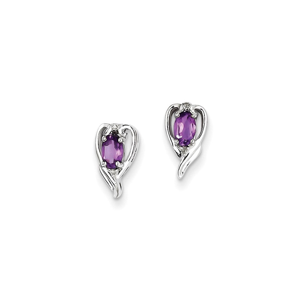 Sterling Silver Rhodium Plated Diamond & Amethyst Post Earrings