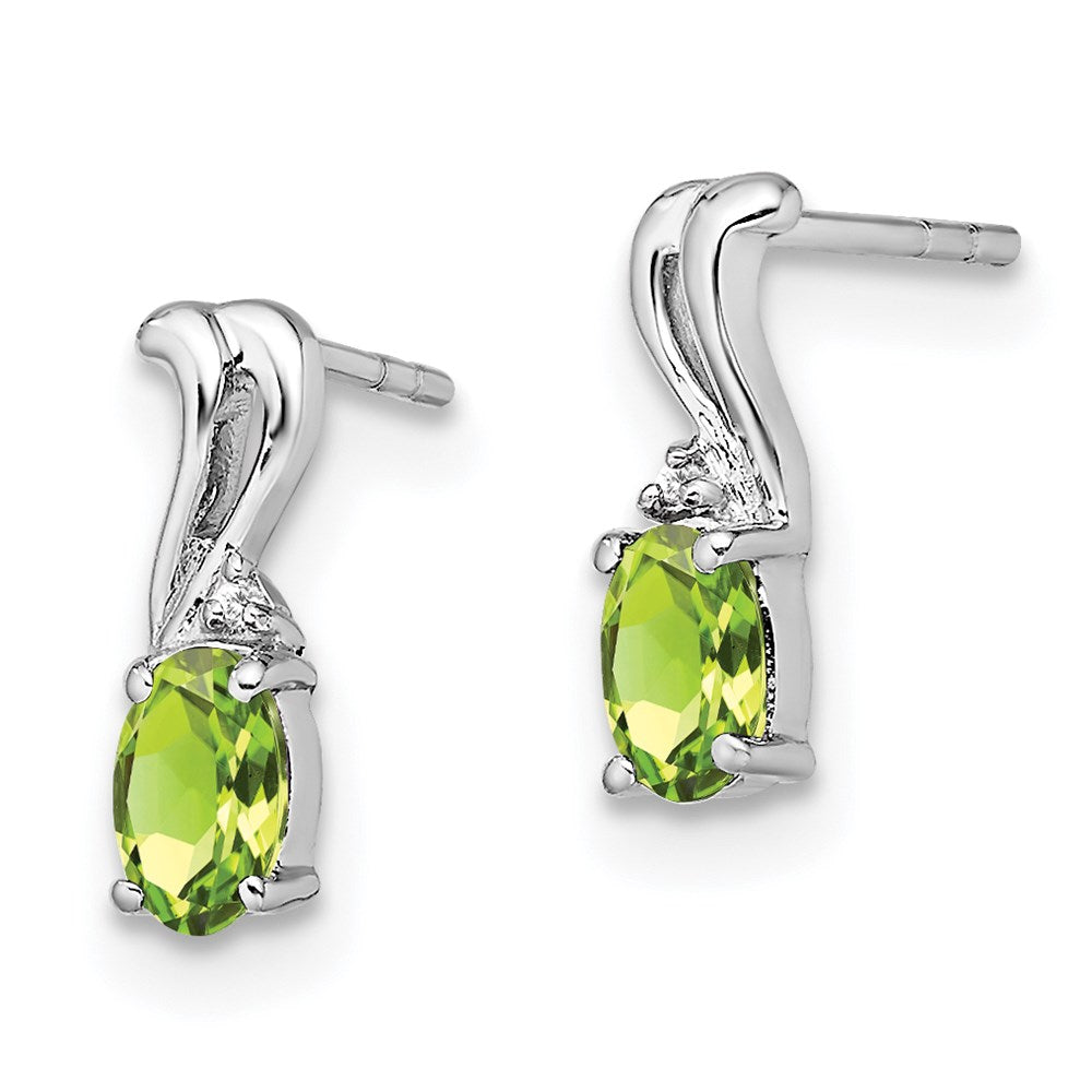 Sterling Silver Rhodium Plated Diamond & Peridot Oval Post Earrings