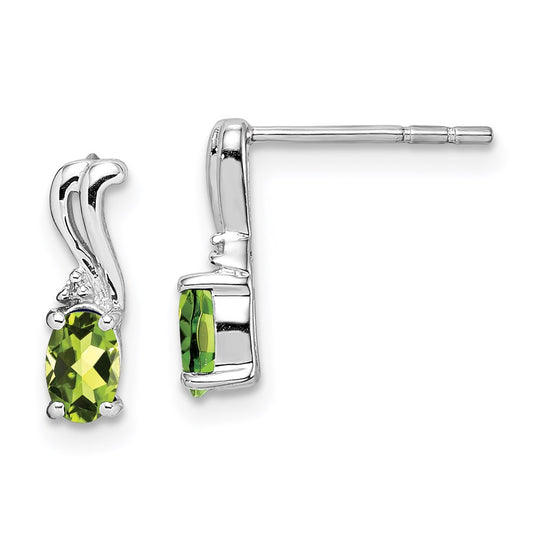 Sterling Silver Rhodium Plated Diamond & Peridot Oval Post Earrings