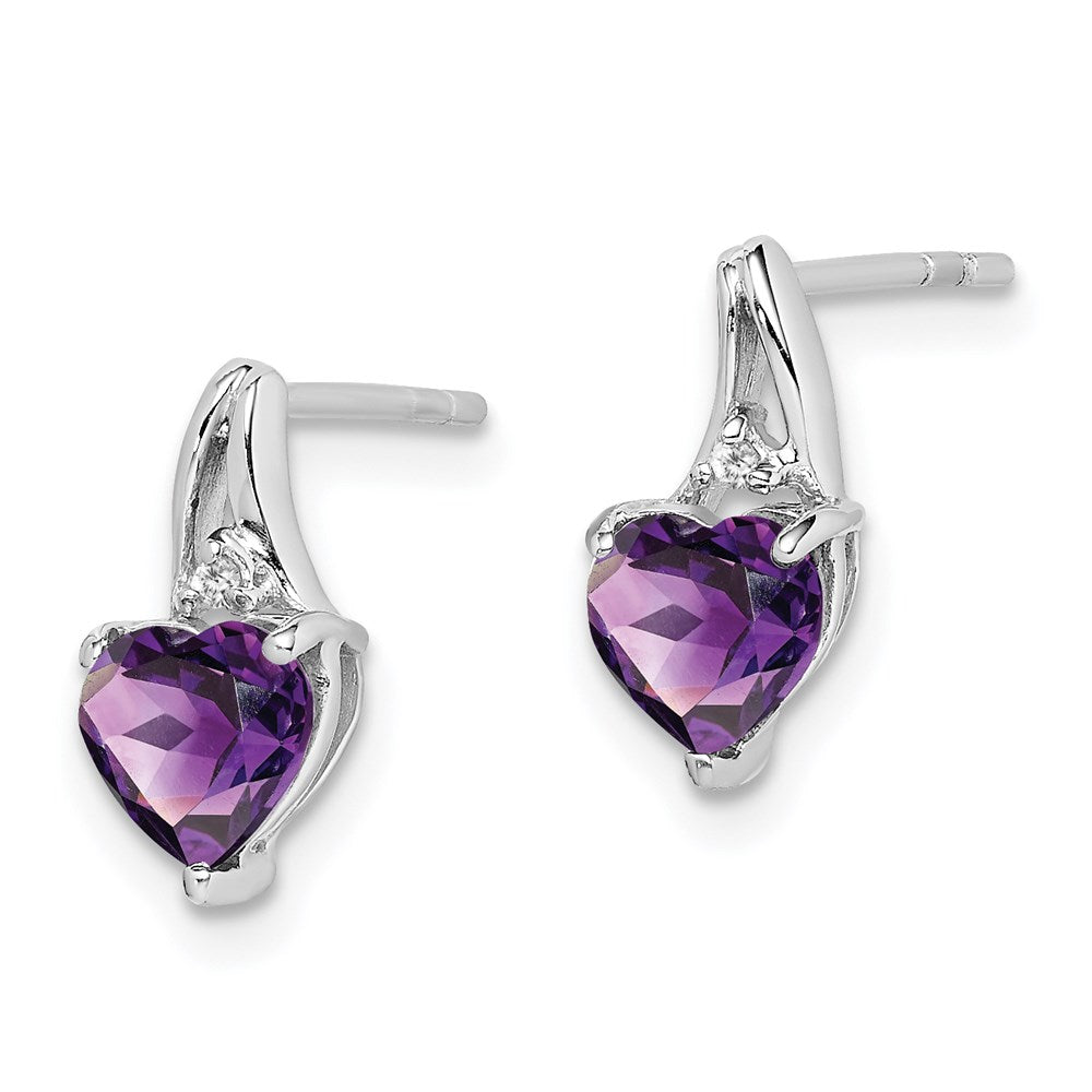 Sterling Silver Rhodium Plated Diamond and Amethyst Heart Post Earrings