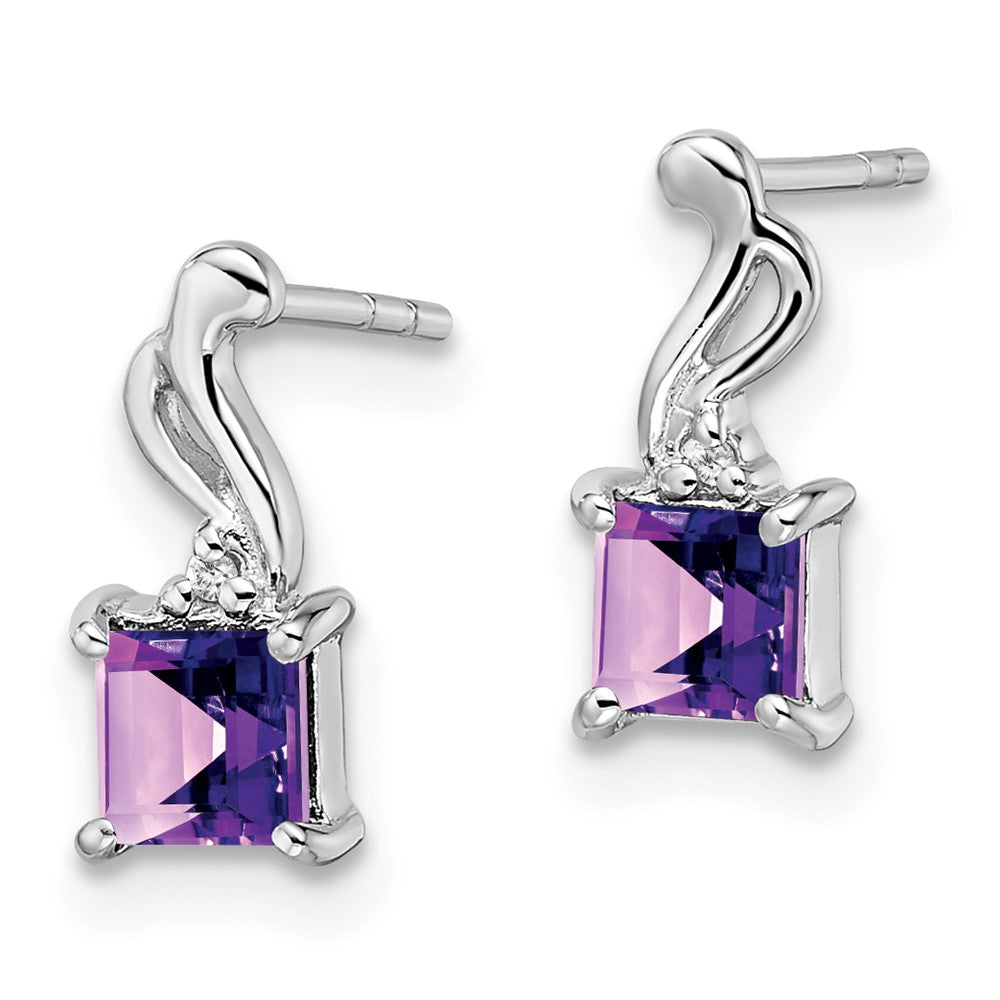 Sterling Silver Rhodium Plated Dia. Amethyst Square Post Earrings