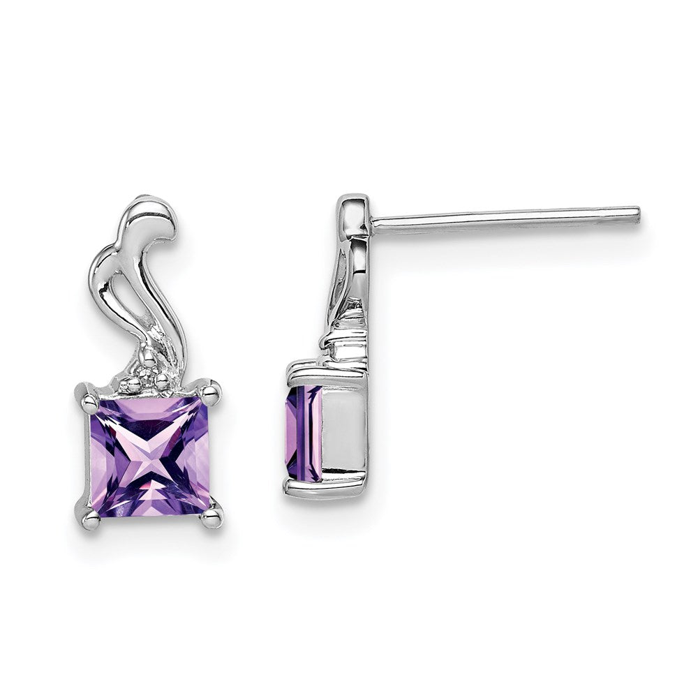 Sterling Silver Rhodium Plated Dia. Amethyst Square Post Earrings