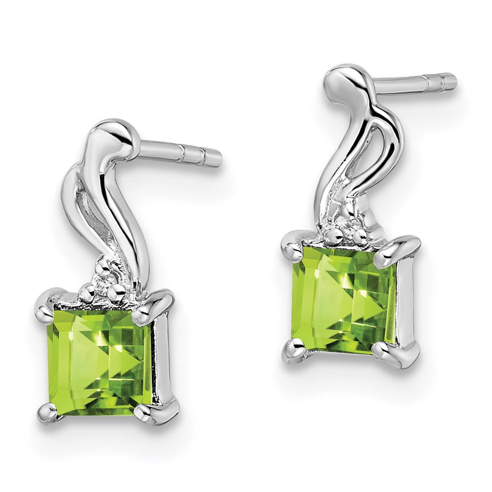 Sterling Silver Rhodium Plated Diamond Peridot Square Post Earrings