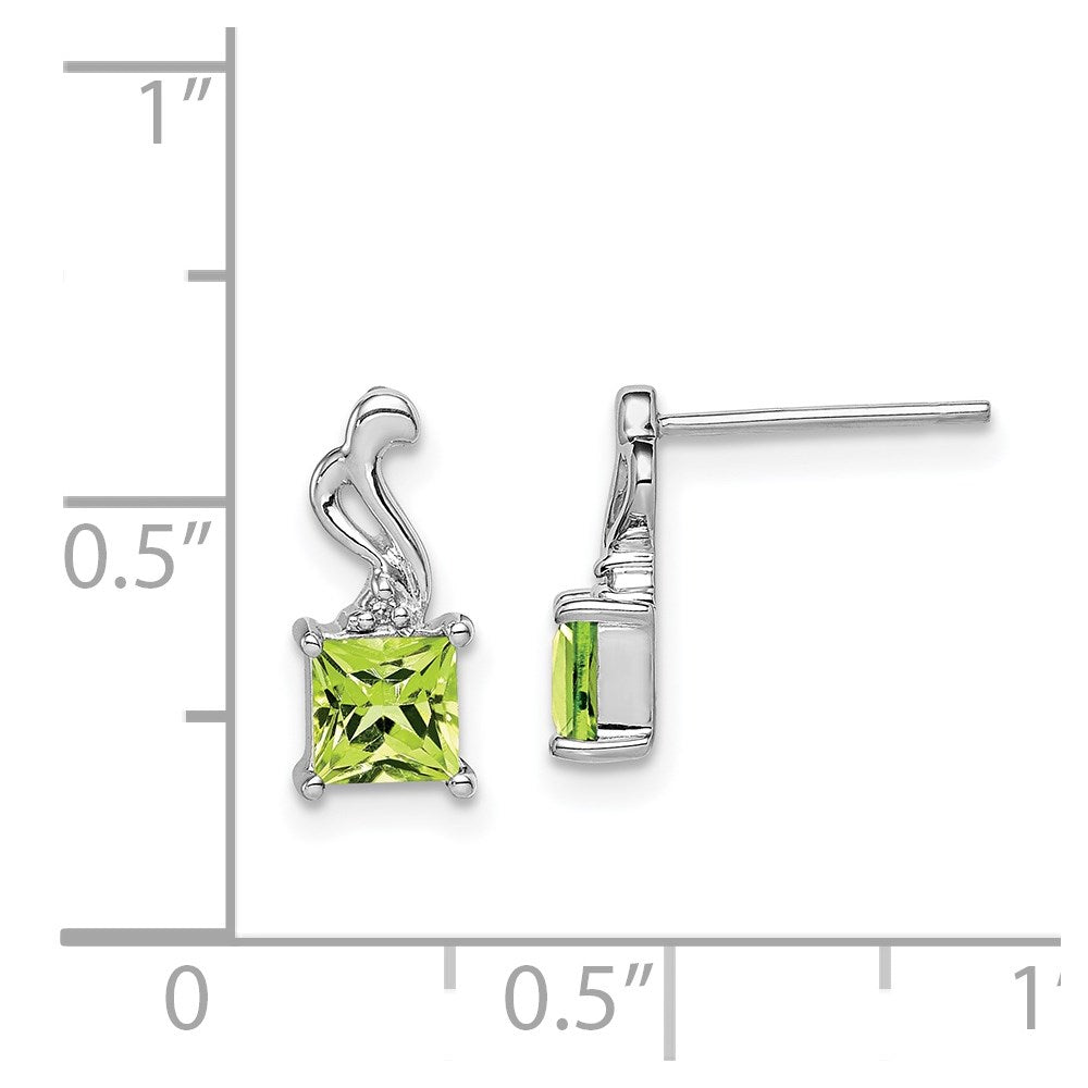 Sterling Silver Rhodium Plated Diamond Peridot Square Post Earrings