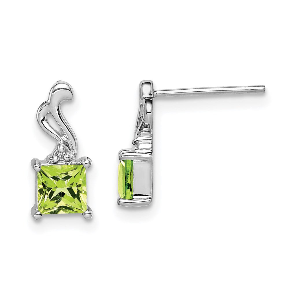 Sterling Silver Rhodium Plated Diamond Peridot Square Post Earrings