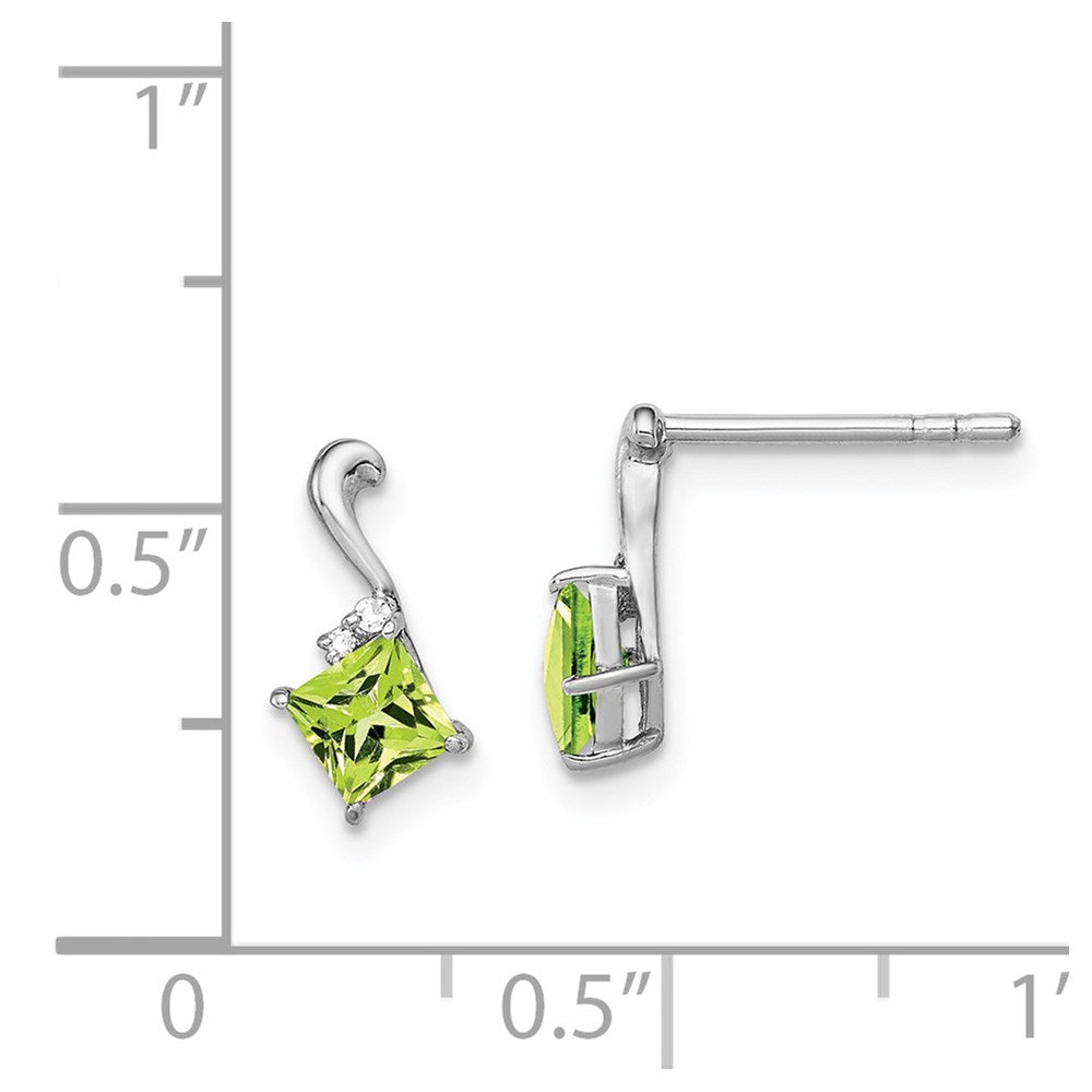 Sterling Silver Rhodium Plated Diamond & Peridot Square Post Earrings