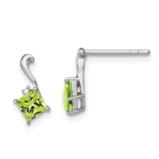 Sterling Silver Rhodium Plated Diamond & Peridot Square Post Earrings