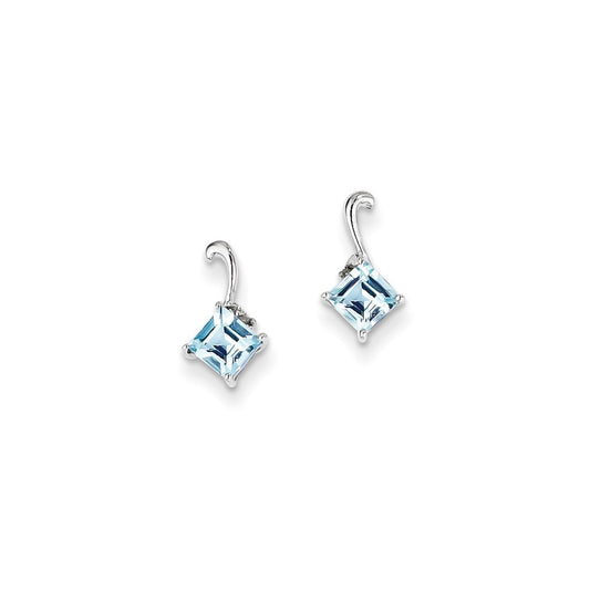 Sterling Silver Rhodium Plated Diamond & Sky Blue Topaz Square Post Earring