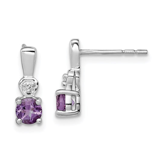 Sterling Silver Rhodium Plated Diamond & Amethyst Post Earrings