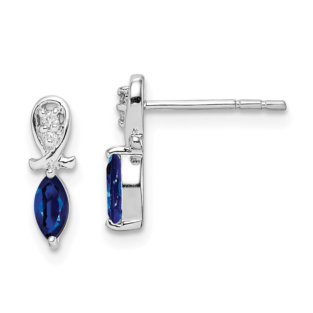 Sterling Silver Rhodium Plated Diamond & Sapphire Marquise Post Earrings