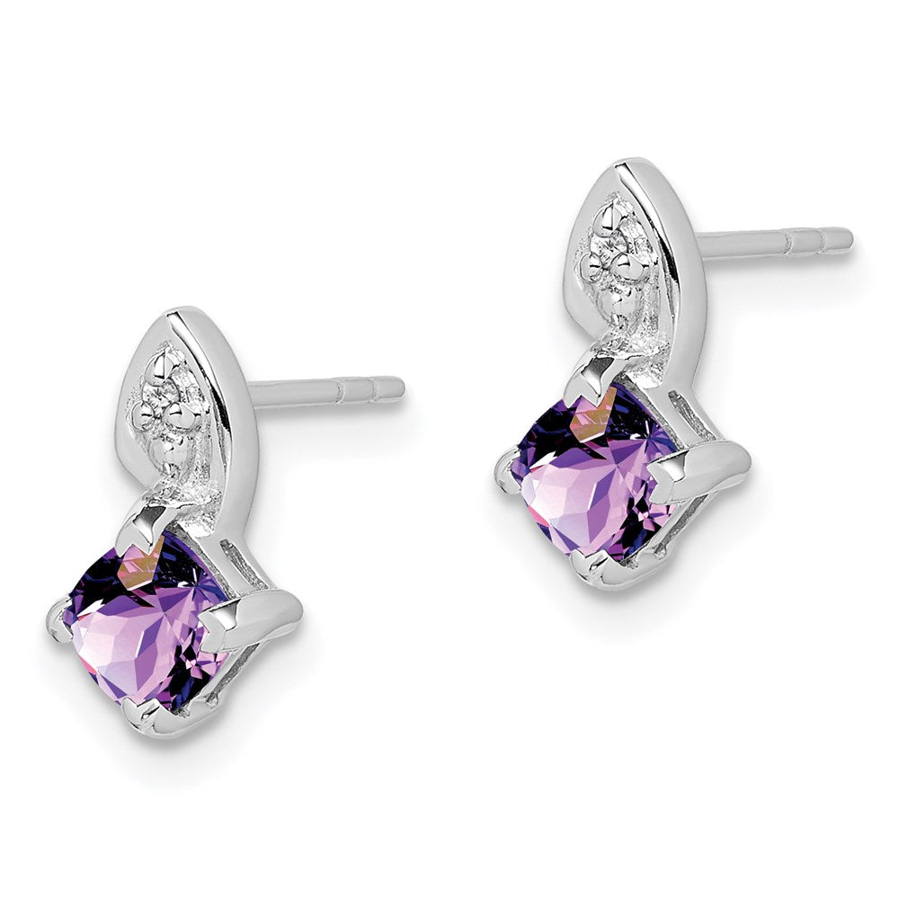 Sterling Silver Rhodium Plated Diamond Amethyst Post Earrings