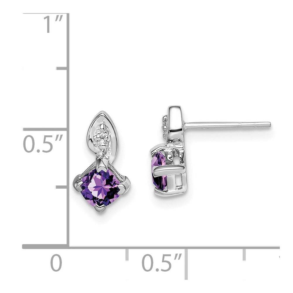 Sterling Silver Rhodium Plated Diamond Amethyst Post Earrings