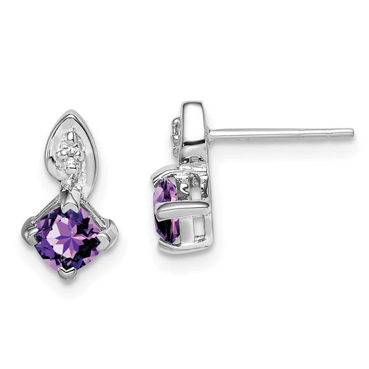 Sterling Silver Rhodium Plated Diamond Amethyst Post Earrings