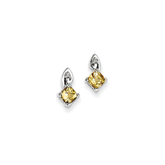 Sterling Silver Rhodium Plated Diamond Citrine Post Earrings