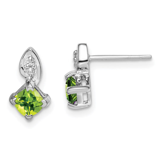 Sterling Silver Rhodium Plated Diamond Peridot Post Earrings