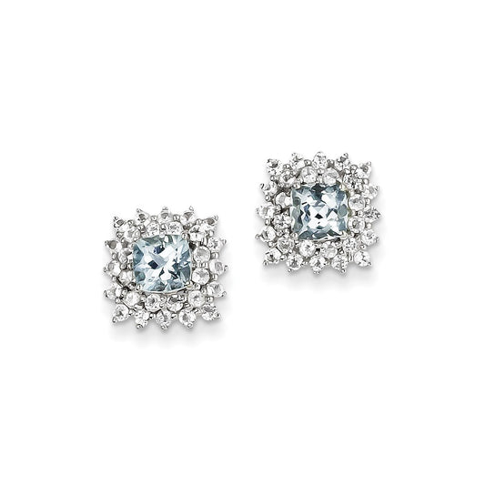 Sterling Silver Rhodium Plated White Topaz & Aquamarine Earrings