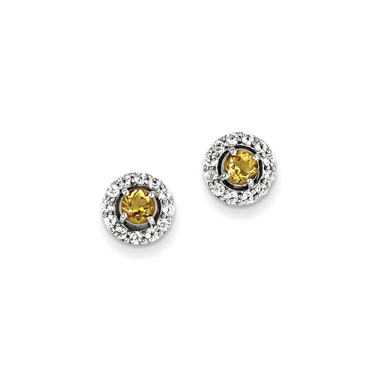 Sterling Silver Rhodium Plated White Topaz Citrine Round Earrings