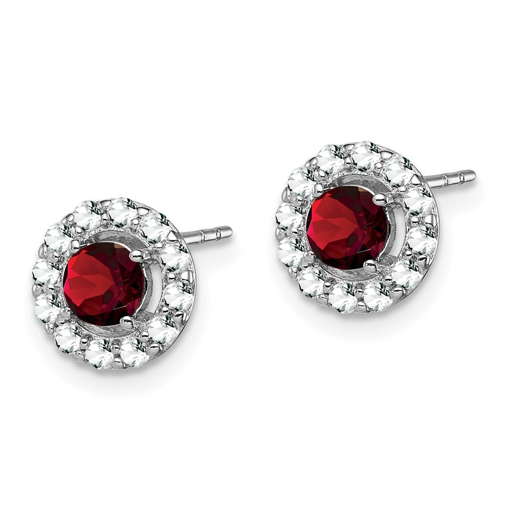 Sterling Silver Rhodium Plated White Topaz Garnet Round Earrings