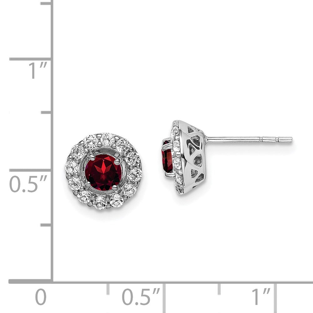 Sterling Silver Rhodium Plated White Topaz Garnet Round Earrings