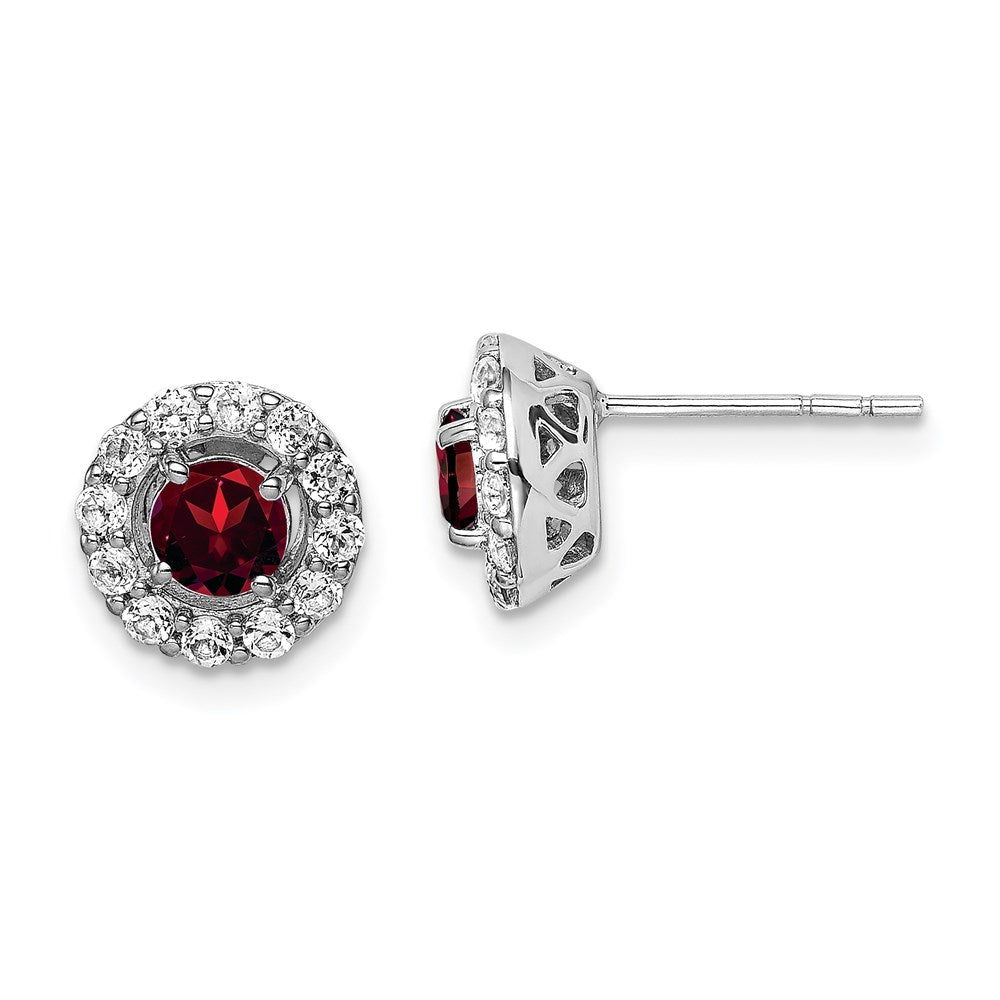 Sterling Silver Rhodium Plated White Topaz Garnet Round Earrings