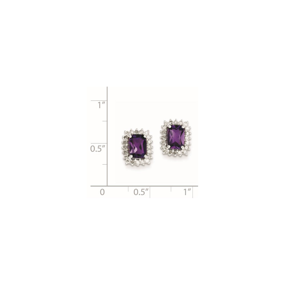 Sterling Silver Rhodium Plated Diamond Amethyst Post Earrings