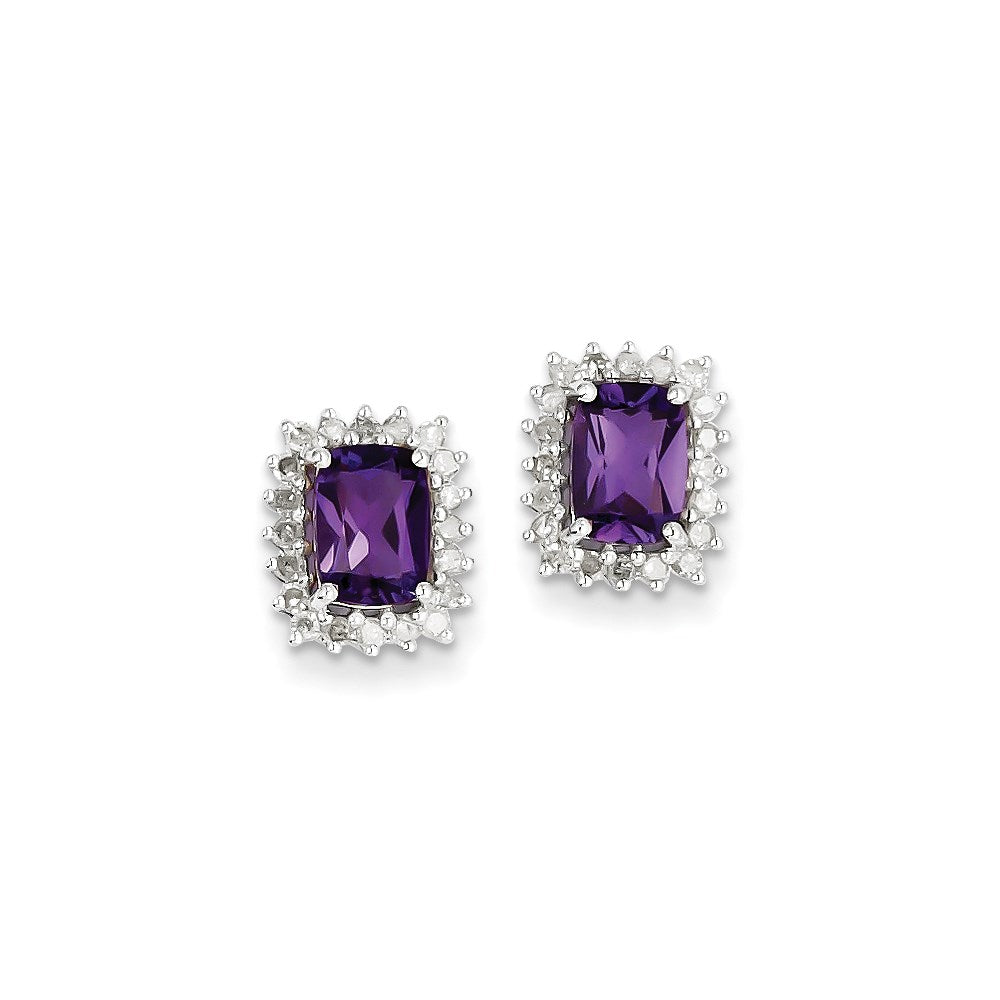 Sterling Silver Rhodium Plated Diamond Amethyst Post Earrings