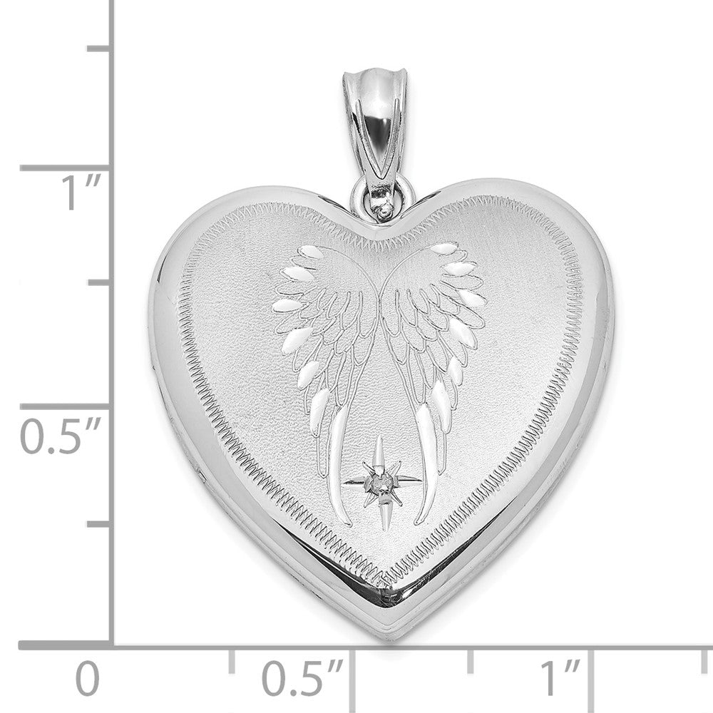 Sterling Silver Rhodium-plated Satin Diamond Wings 24mm Heart Locket