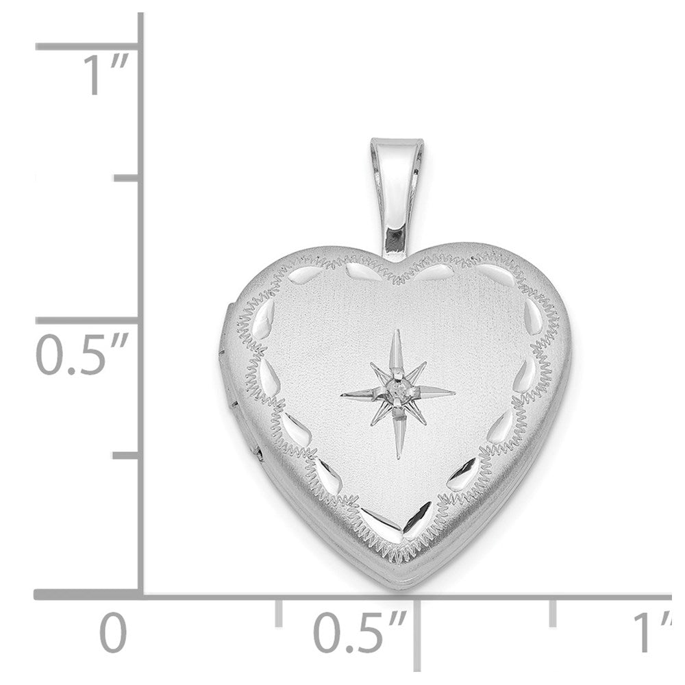 Sterling Silver Rhodium-plated Satin & D/C Diamond Star Heart Locket