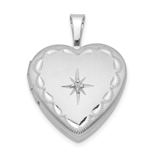 Sterling Silver Rhodium-plated Satin & D/C Diamond Star Heart Locket