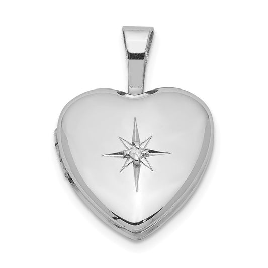 Sterling Silver Rhodium-plated & Diamond Star Polished 12mm Heart Locket