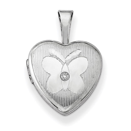 Sterling Silver Rhodium-plated & Dia. Butterfly 12mm Heart Locket