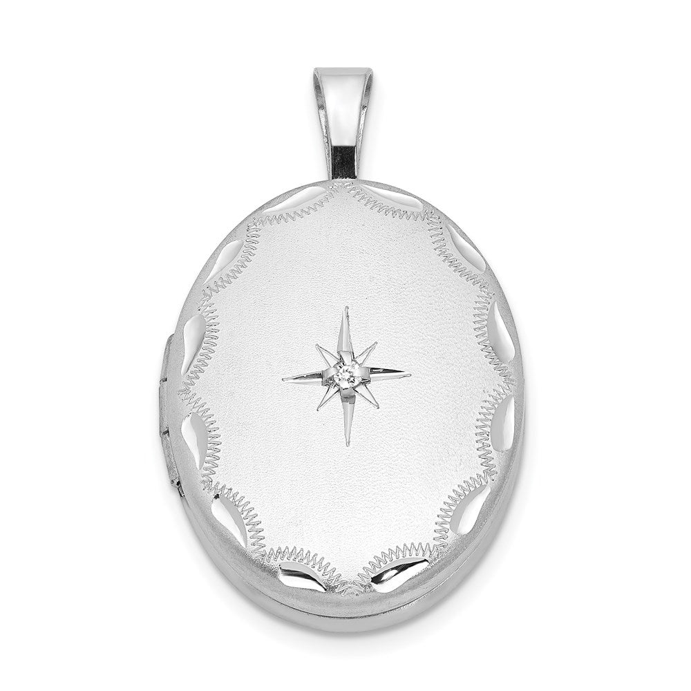 Sterling Silver Rhodium-plated & Diamond Side Scallops 19mm Oval Locket