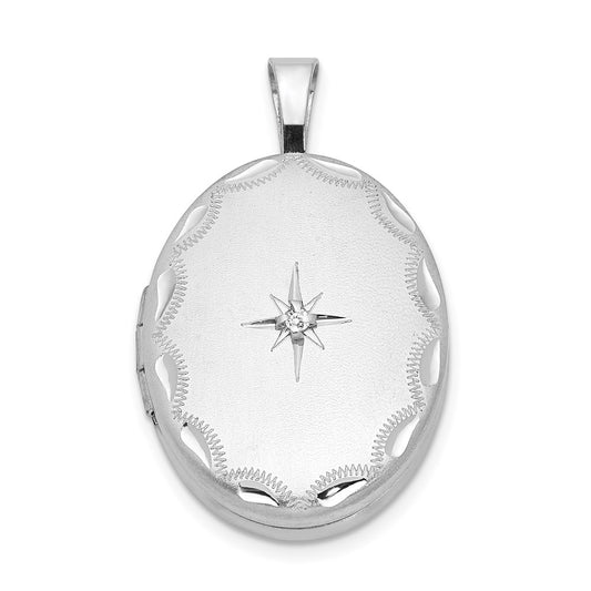 Sterling Silver Rhodium-plated & Diamond Side Scallops 19mm Oval Locket