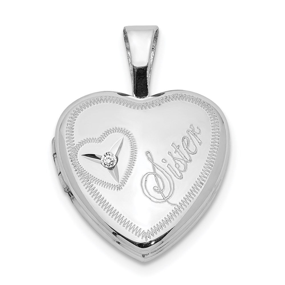 Sterling Silver Rhodium-plated & Diamond Sister Heart 12mm Heart Locket