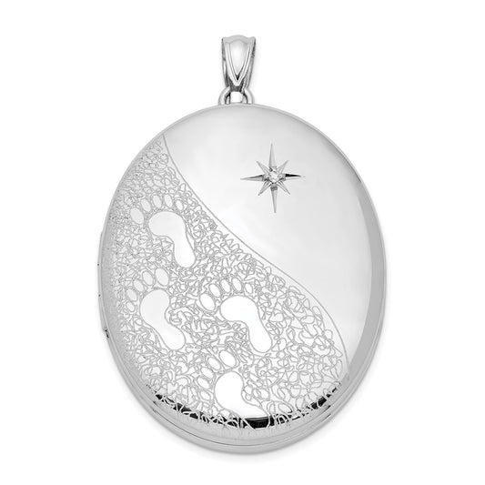 Sterling Silver Rhodium-plated & Diamond Footprints 34mm Oval Locket