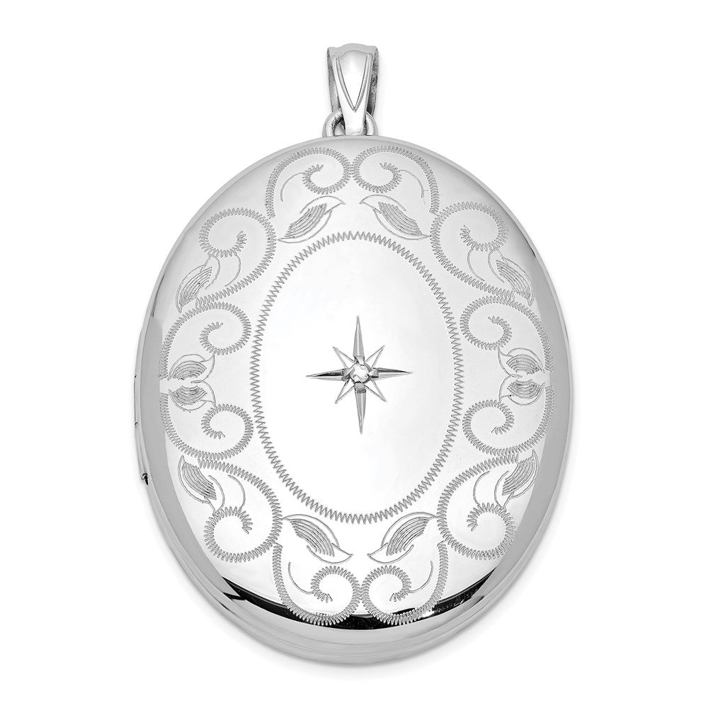 Sterling Silver Rhodium-plated & Diamond w/ Swirl Border 34mm Oval Locket